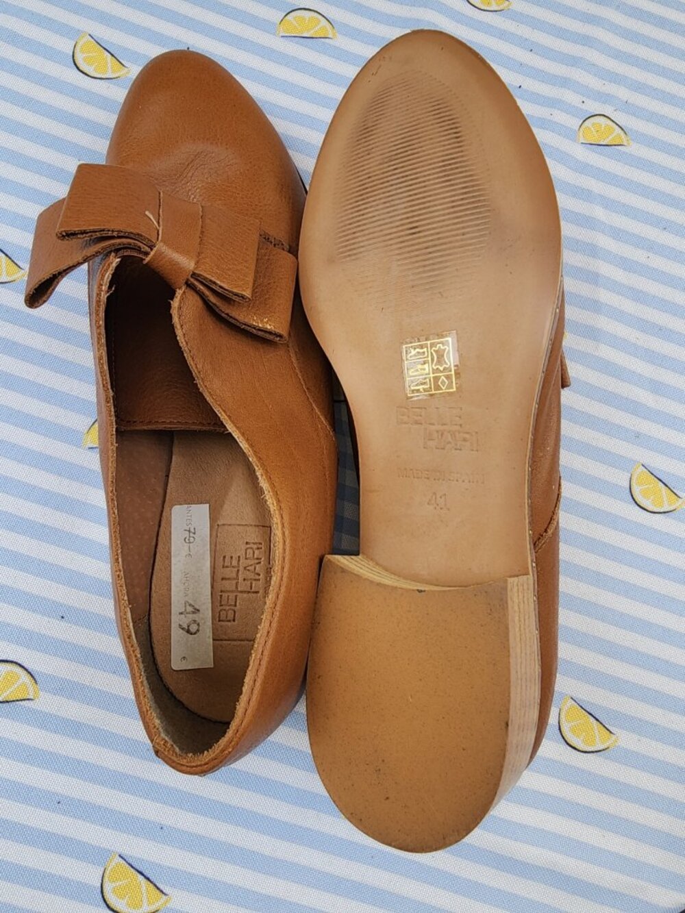 BELLEHARI LEATHER SHOES WITH CHUNKY HEEL, BOW DETAIL - NEW WITH TAGS